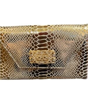 Gold Snake Embossed Crossbody Shoulder Bag Flap‎ Closure